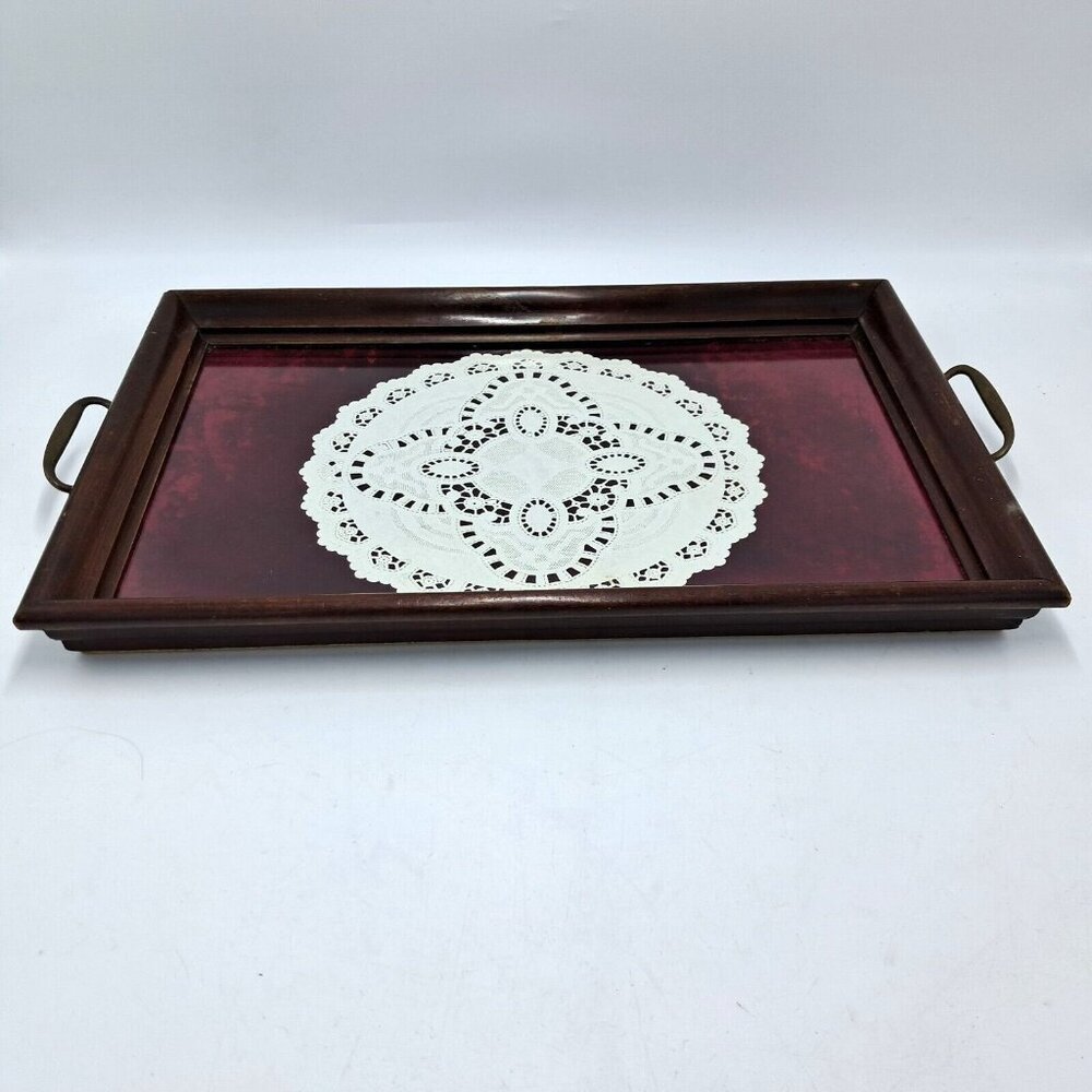 Wood and Glass Doily Serving Tray Brass Handles-18 by 12 Inches-Burgundy-VTG